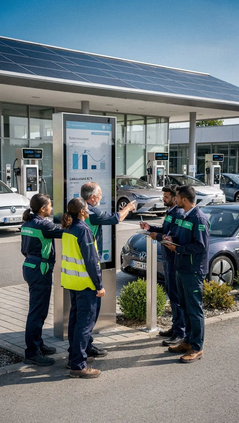 Elektroauto wird für Batterieanalyse an spezialisierter Ladestation angeschlossen